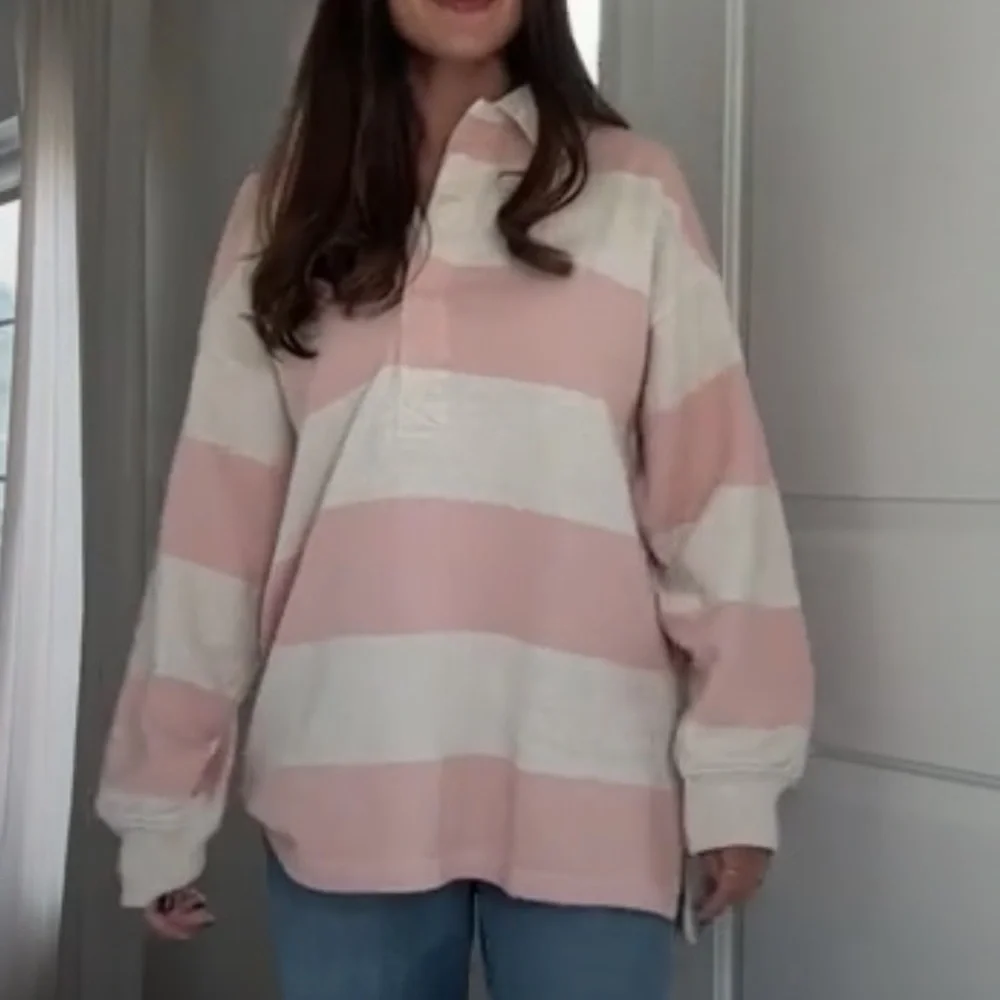 Aerie Prep Rally Rugby Stripe Sweatshirt Pink Oversized Preppy.         22 - Picture 10 of 13